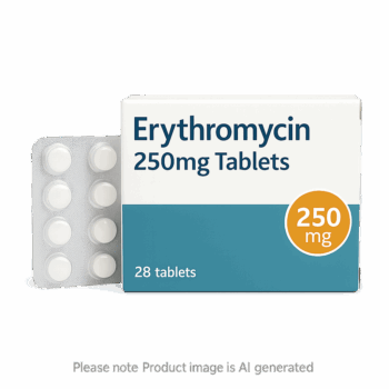 Box of Erythromycin 250mg Tablets used to treat bacterial infections