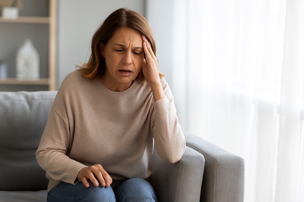woman in pain on couch